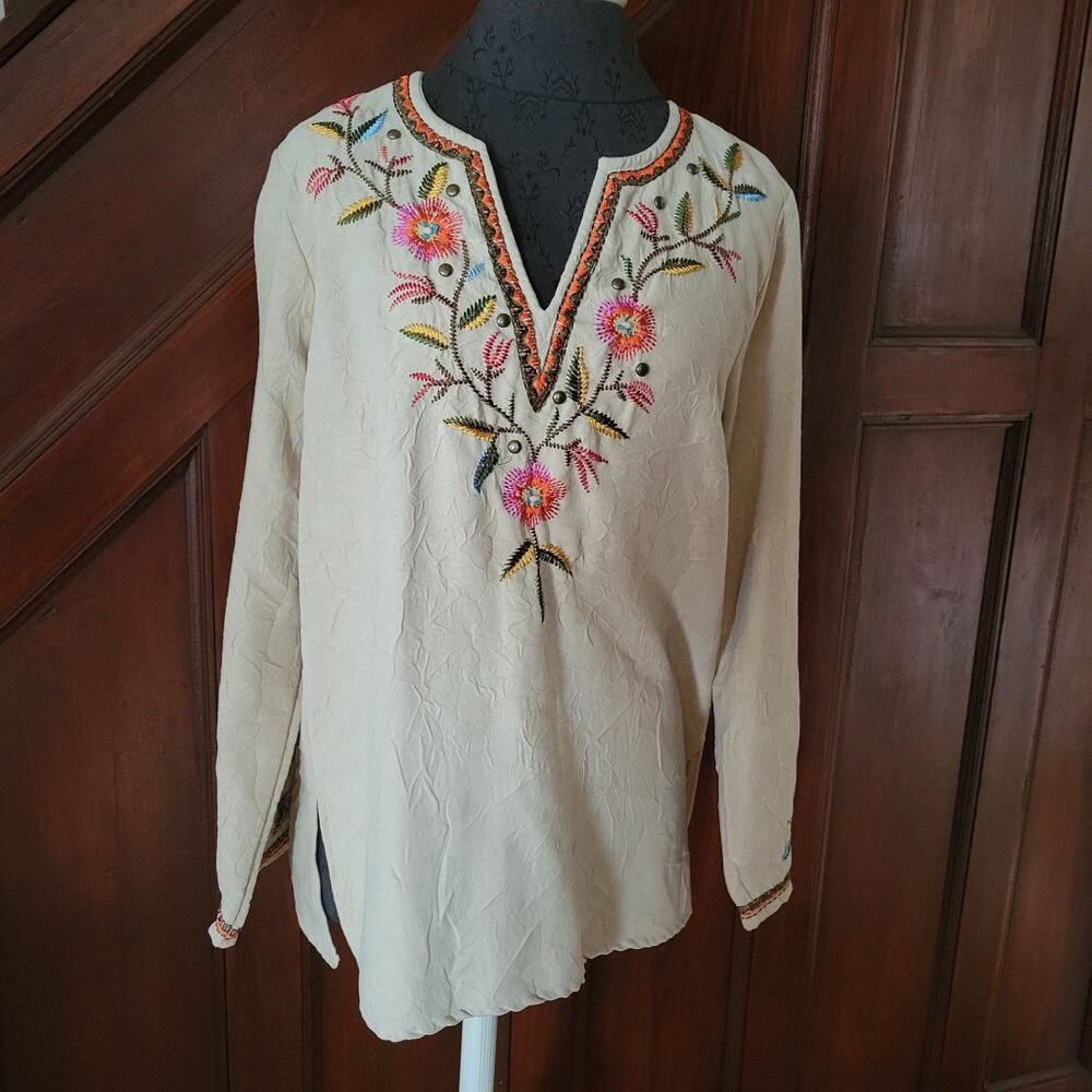 Vintage Wear It Embroidered Floral Blouse With Metal Studs Beige Long Sleeve Boh
